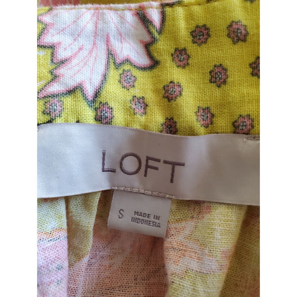 LOFT Yellow Floral‎ Square Neck Puff Sleeve Linen Blend Top Small Colorful - Picture 5 of 9